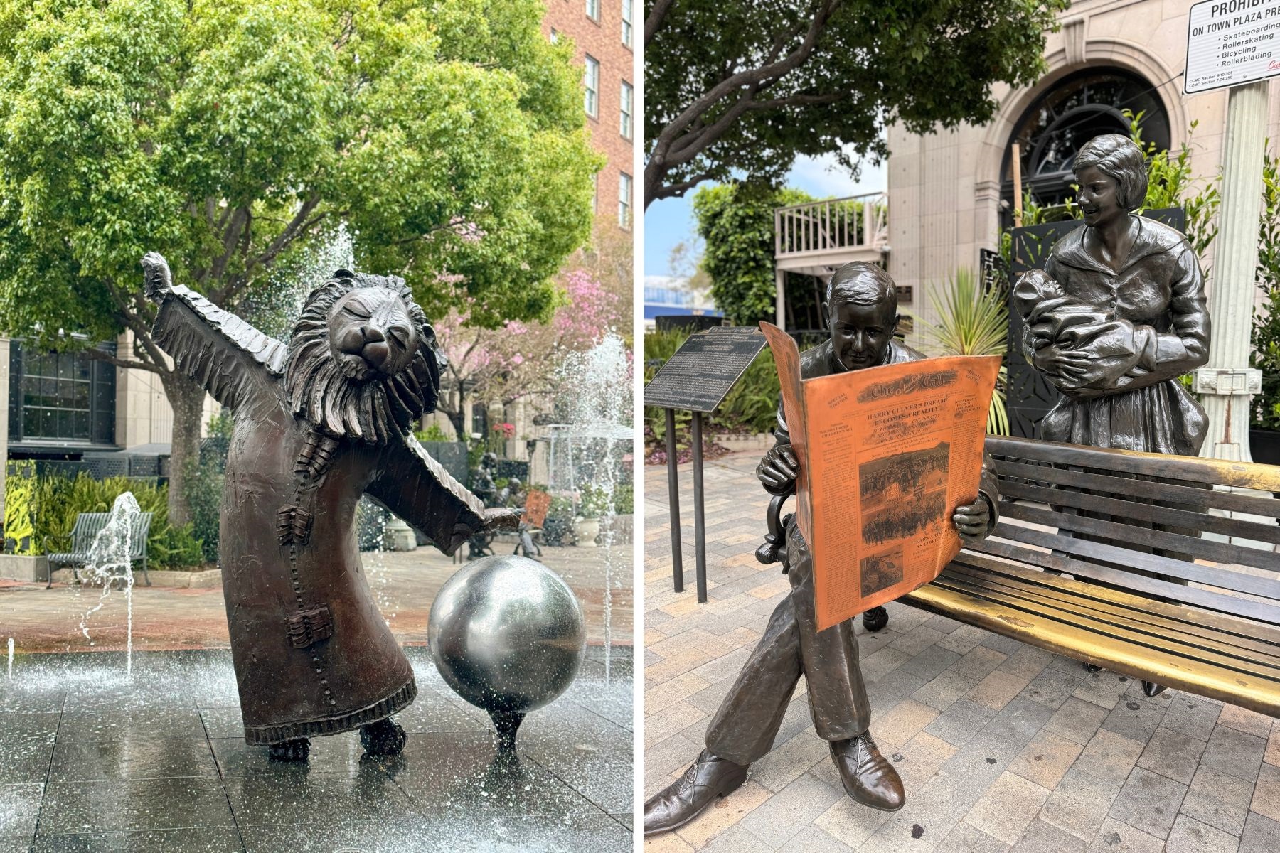 Photos of completed work on The Lion's Fountain (left) and A Moment in Time (right).