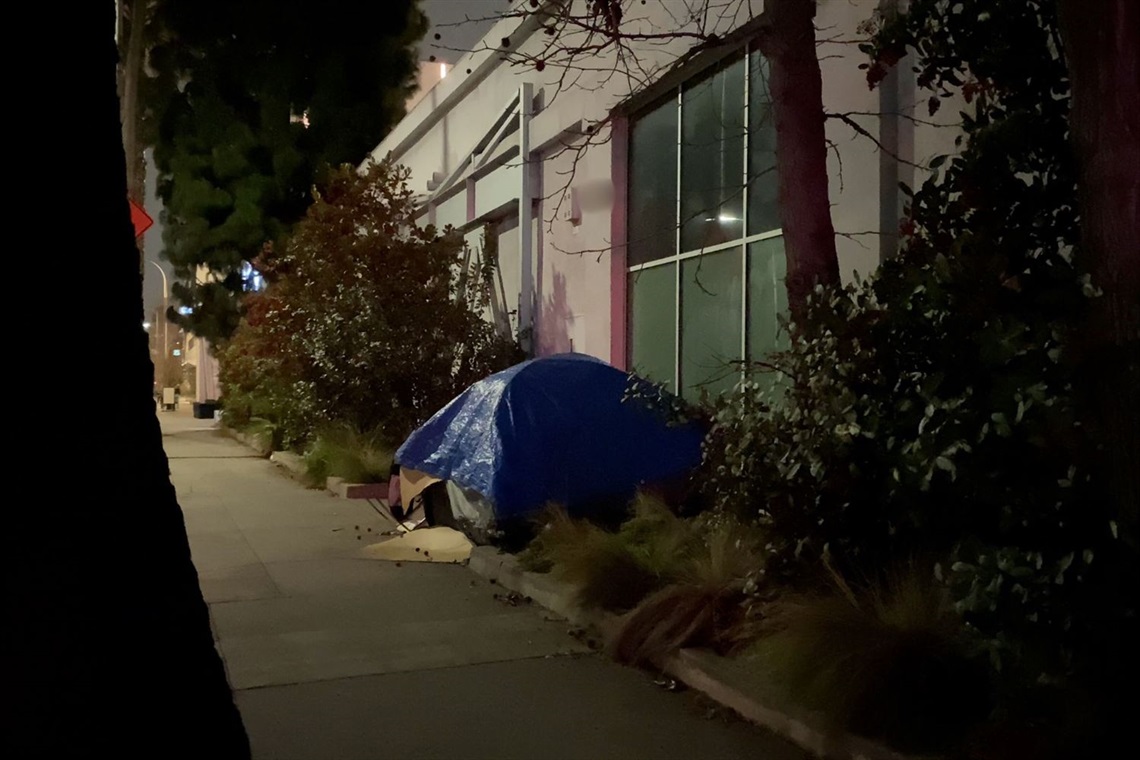 Photo of a tent structure along a Culver City sidewalk