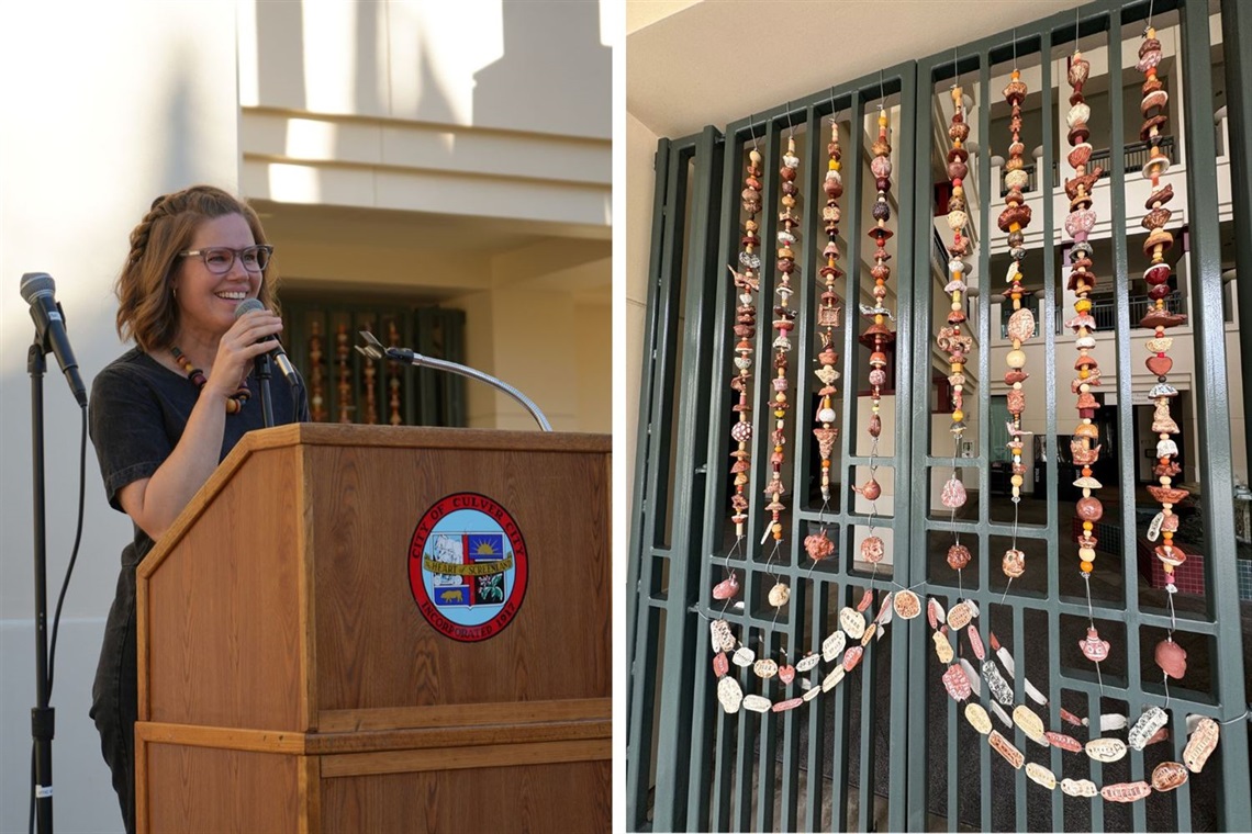 Photo of Katy Krantz Speaking to the crowd on the left and a photo of the project on the right